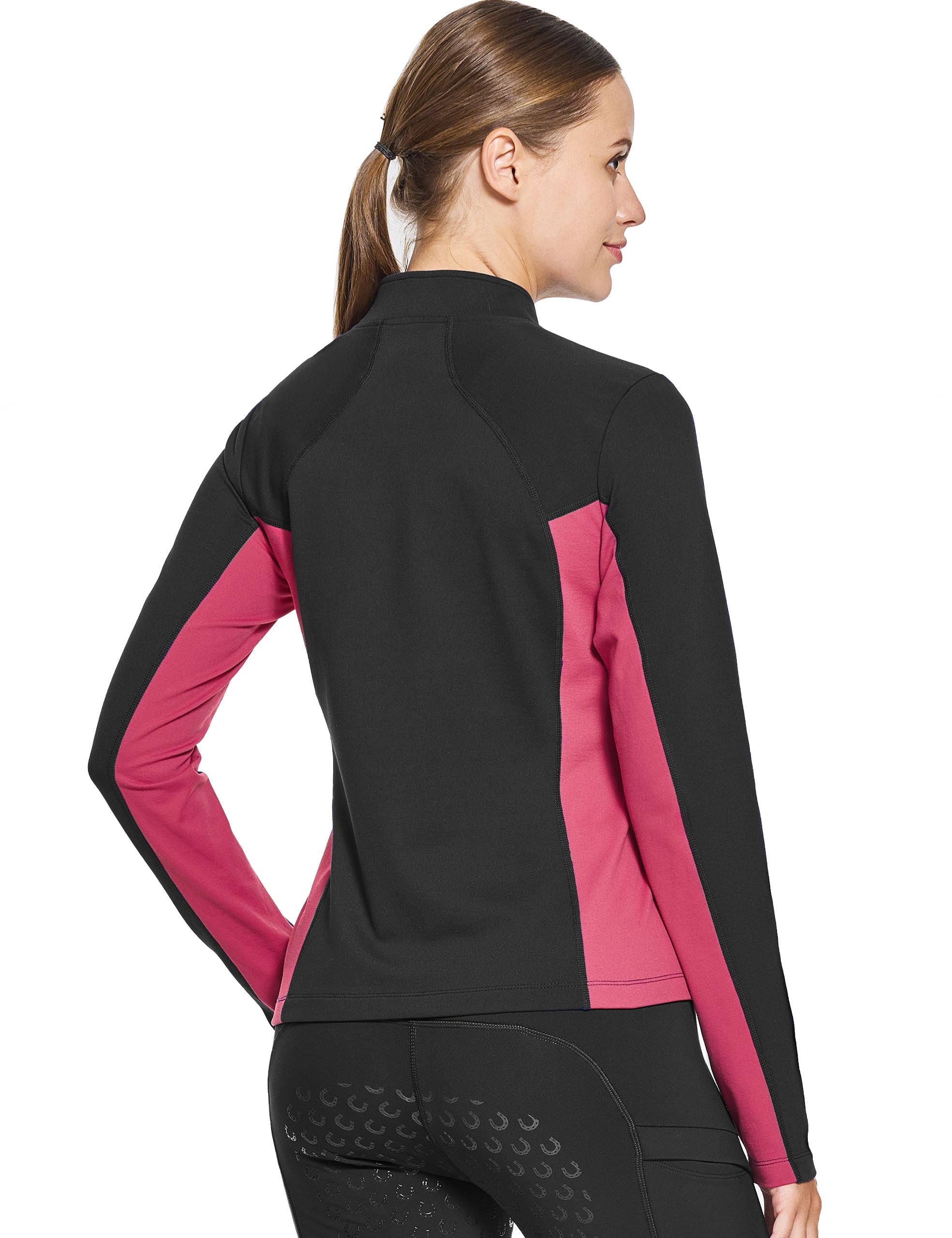 Damen-Reitshirt mit Thermofleece-Futter und halbem Reißverschluss, Laufpullover, sportliches Skishirt mit Daumenlöchern 