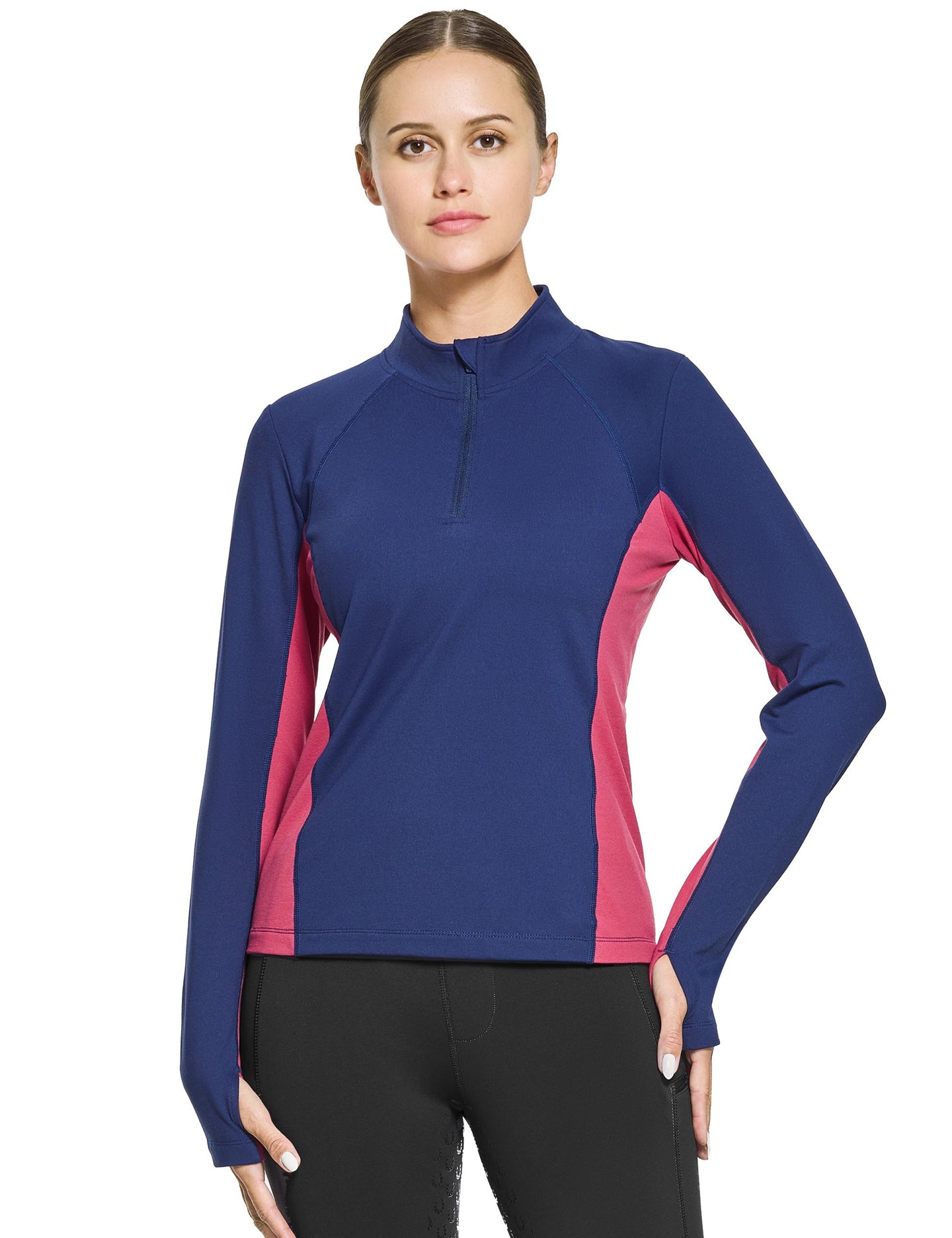 Camisa ecuestre térmica con forro polar para mujer, jersey para correr con media cremallera, camisa atlética de esquí con orificios para los pulgares 
