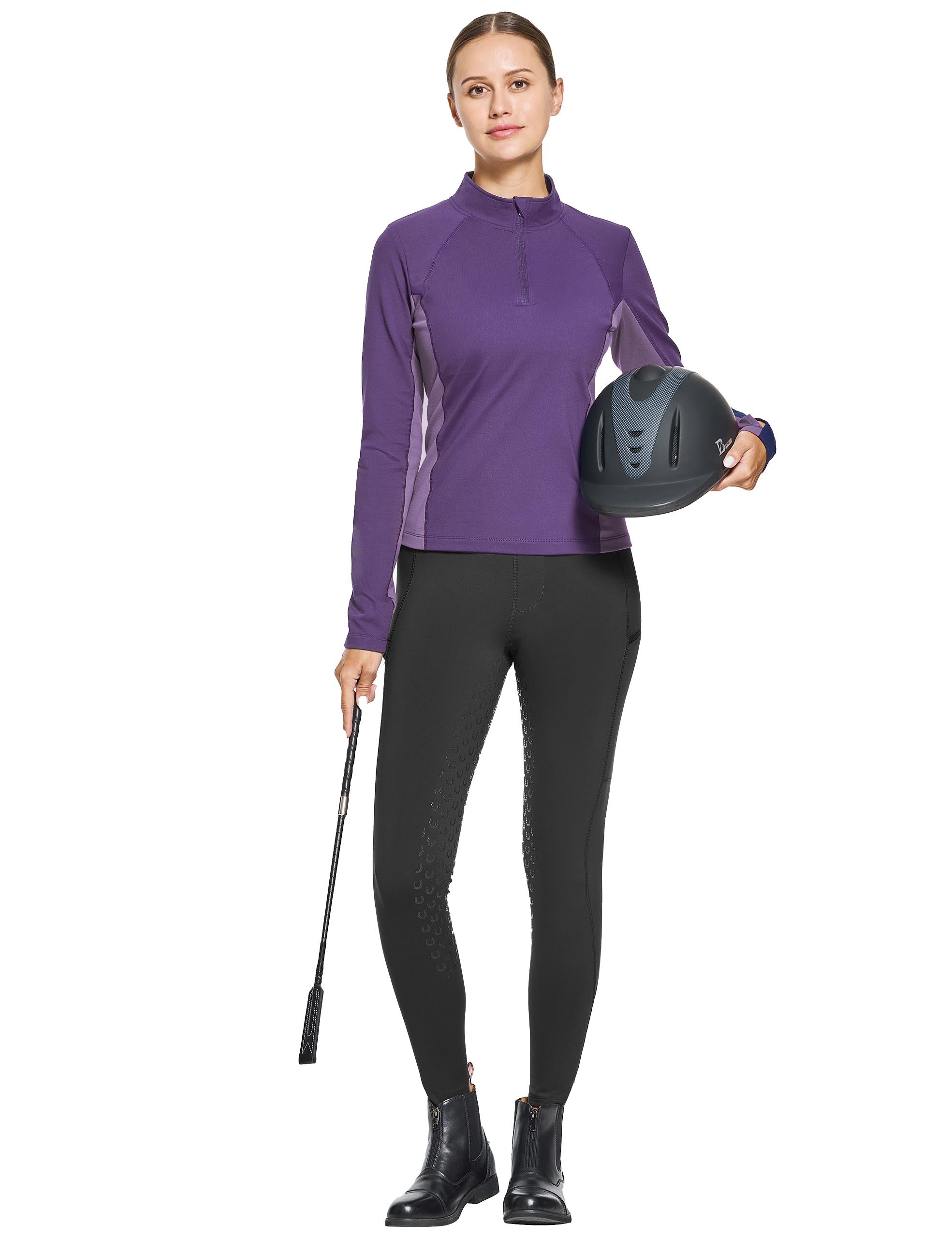 Damen-Reitshirt mit Thermofleece-Futter und halbem Reißverschluss, Laufpullover, sportliches Skishirt mit Daumenlöchern 